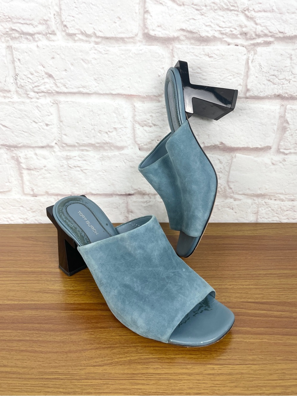 Tory Burch Blue Suede Teal Breeze Block T Heel Mule Size 8